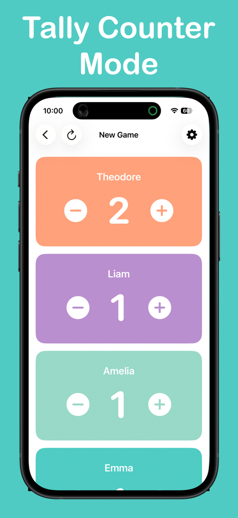 Scoreboard - Score Counter - Mobile app interface for Scoreboard showing tally counter mode with scores for multiple players