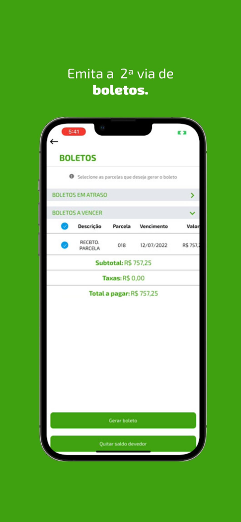 Consórcio do Sicredi - Mobile screen of the Sicredi Consortium app displaying payment slip details and options to generate second copies or pay off balances.