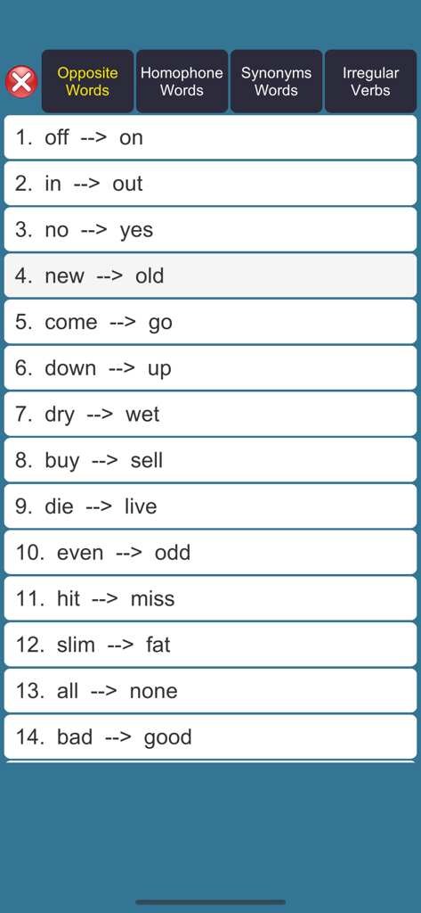 Opposite Words Learning - オフとオン、インとアウト、ニューとオールドなどの14組の英単語の反対語ペアを表示するモバイルアプリの画面。