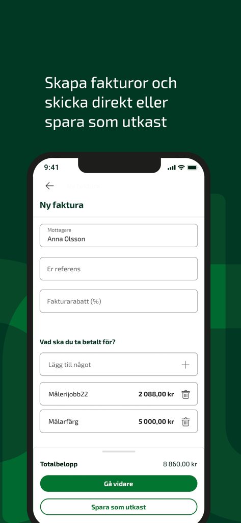 Fortnox mobile app interface showing the creation of a new invoice with recipient details and line items