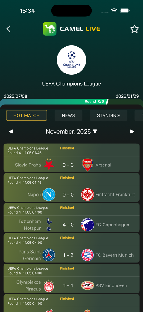 Camel Live - Schermata dell'app Camel Live che mostra i punteggi e i risultati delle partite di calcio della UEFA Champions League per novembre 2025.