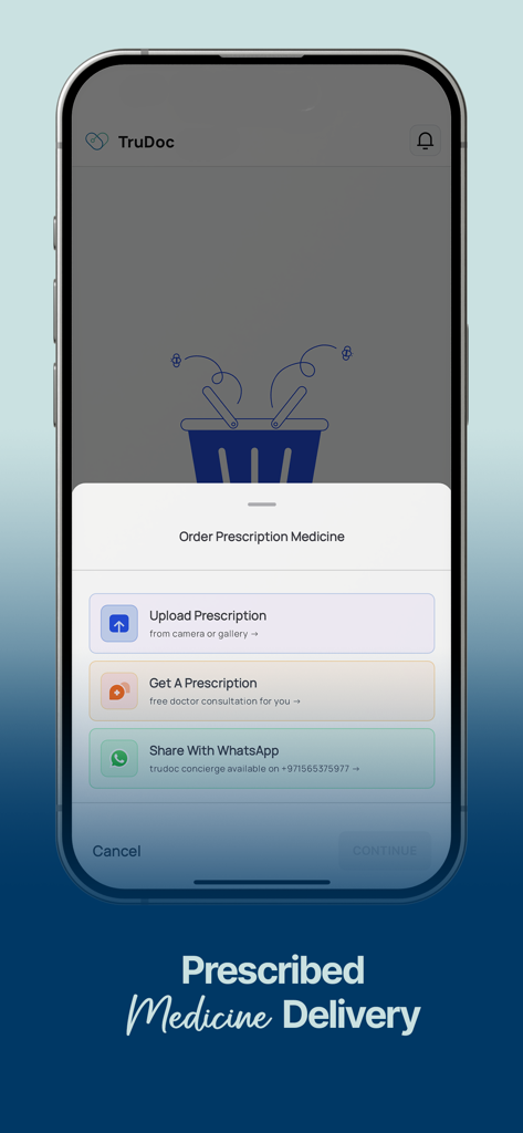 TruDoc mobile app interface showing options to upload a prescription or get a new one for medicine delivery