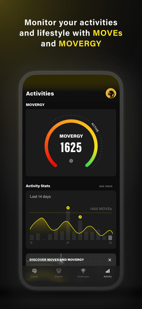 Technogym: Training & Gym app - Tableau de bord de l'application Technogym affichant les indicateurs MOVERGY et les statistiques d'activité