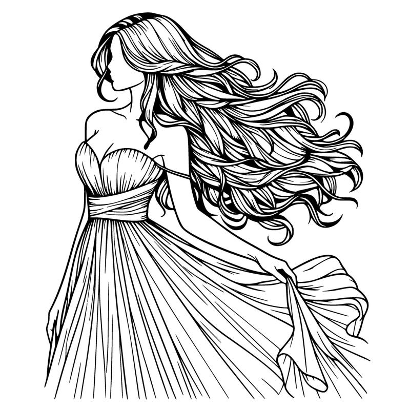 realistic woman with long hair and a beautiful dress flowing in the wind