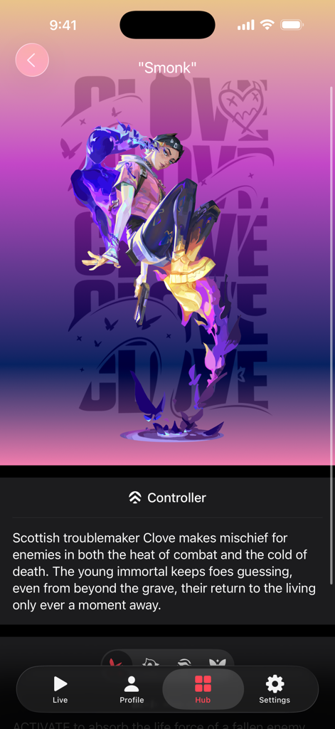 VALPAW - Valorant agent Clove profile page in the VALPAW app