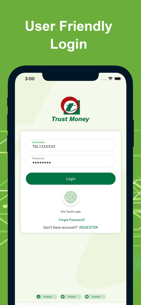 Trust-Money - Trust-Money app login interface showing username and password fields with a one-touch fingerprint login option