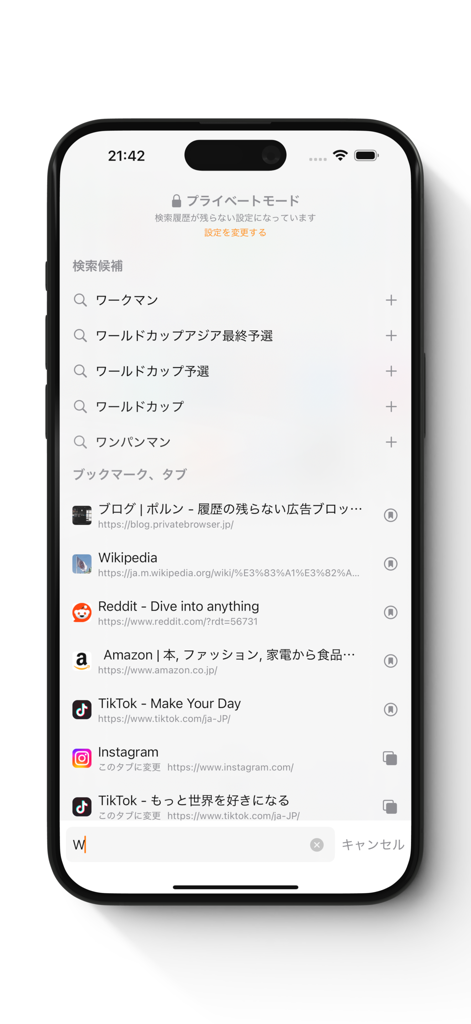 Oberfläche der Polun privaten Browsersuche auf dem iPhone mit Lesezeichen und Suchvorschlägen im privaten Modus