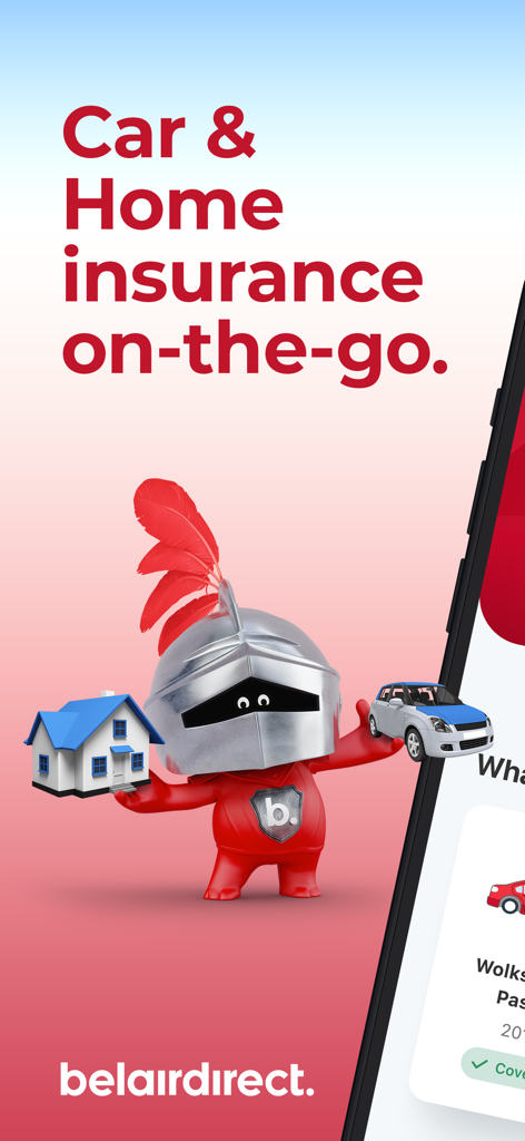 belairdirect knight mascot holding a miniature house and car for mobile insurance services