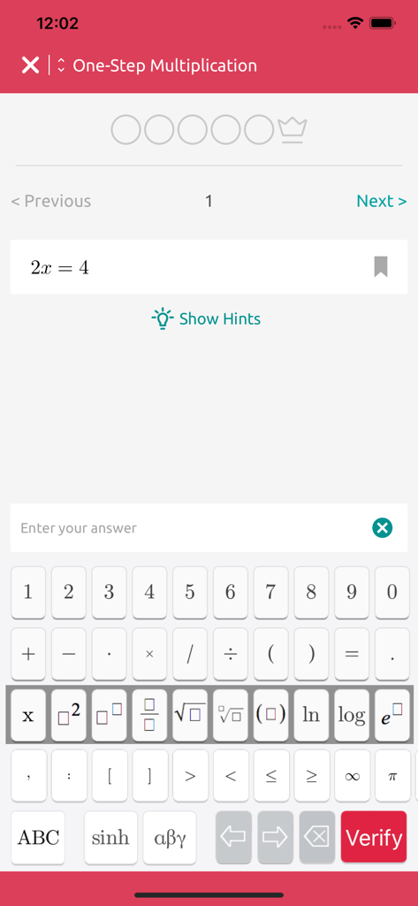 Symbolab Practice - Symbolab Practice app interface showing a one-step multiplication algebra problem with a specialized math keyboard