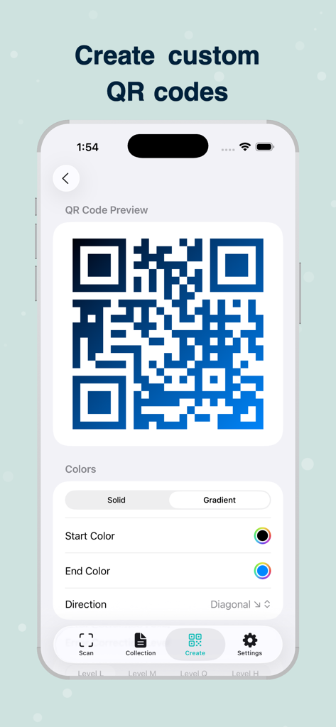 Interface of QScan app showing the creation of a custom QR code with blue gradient colors.