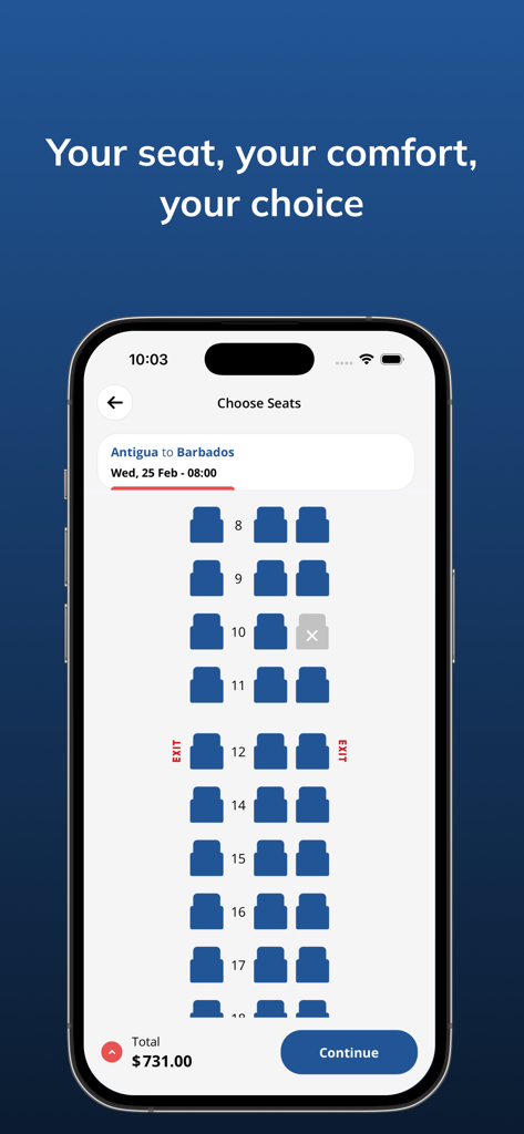 앤티가에서 바베이도스까지의 항공편 좌석 지도와 좌석 줄 및 선택 옵션을 보여주는 Liat Air 앱의 모바일 인터페이스.