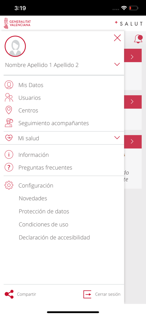 User profile and navigation menu of the GVA Salut health mobile application