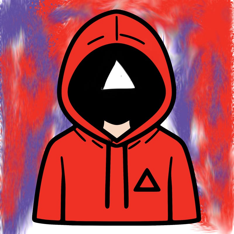 a person with non face waering a hoodie with a small triangle symbol