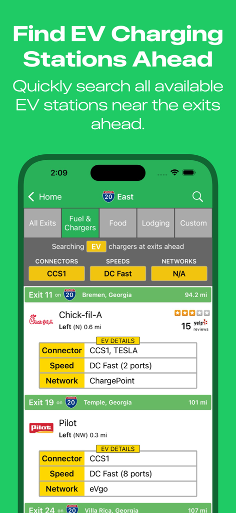 iExit Interstate Exit Guide - iExit app interface displaying electric vehicle charging station details at upcoming highway exits