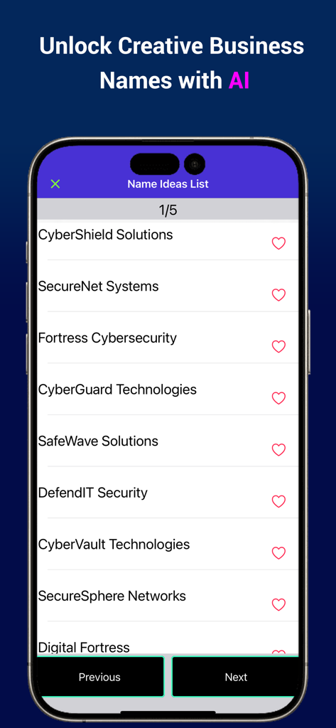 Ai Business Name Generator App - A list of creative business name ideas generated by AI for a tech company in the mobile app interface