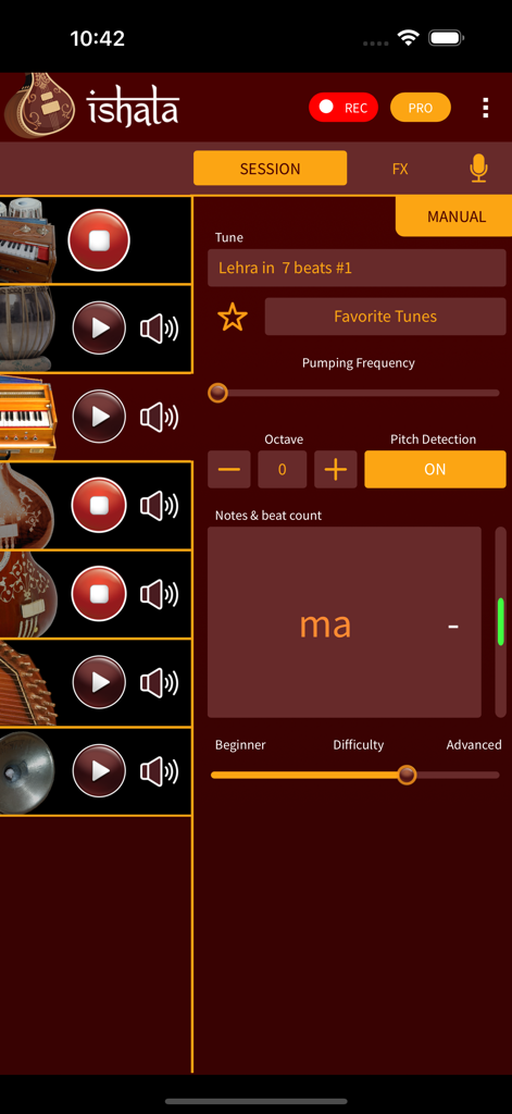iShala - Interface de l'application iShala affichant les commandes de session avec détection de hauteur tonale en temps réel et instruments de musique indiens