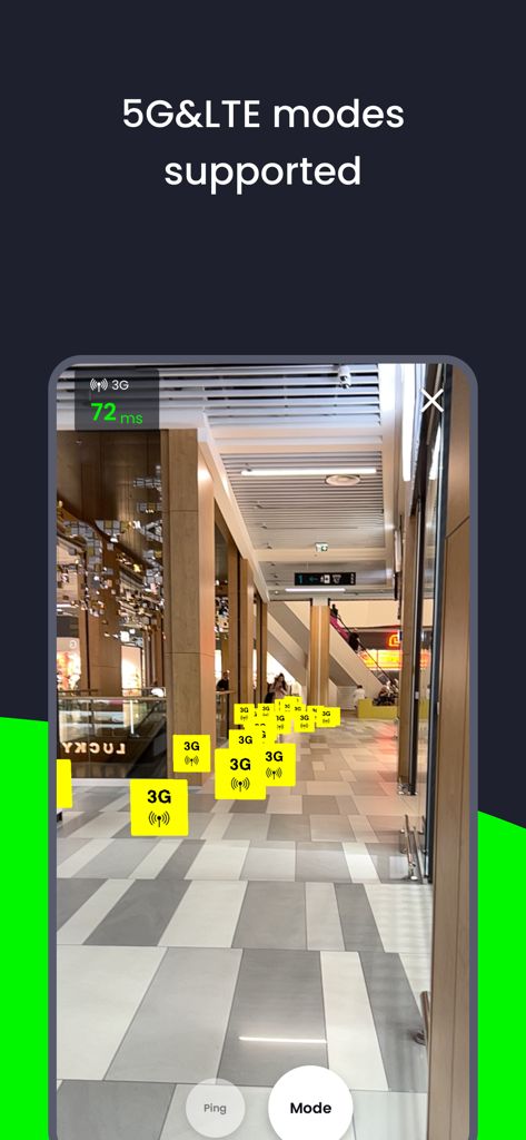 AR WiFi&5G - AR WiFi and 5G app showing augmented reality 3G network coverage markers in a shopping mall