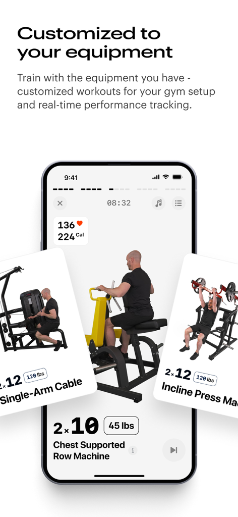 Fitify Gym app interface showing customized workout plans for various gym equipment with real-time tracking