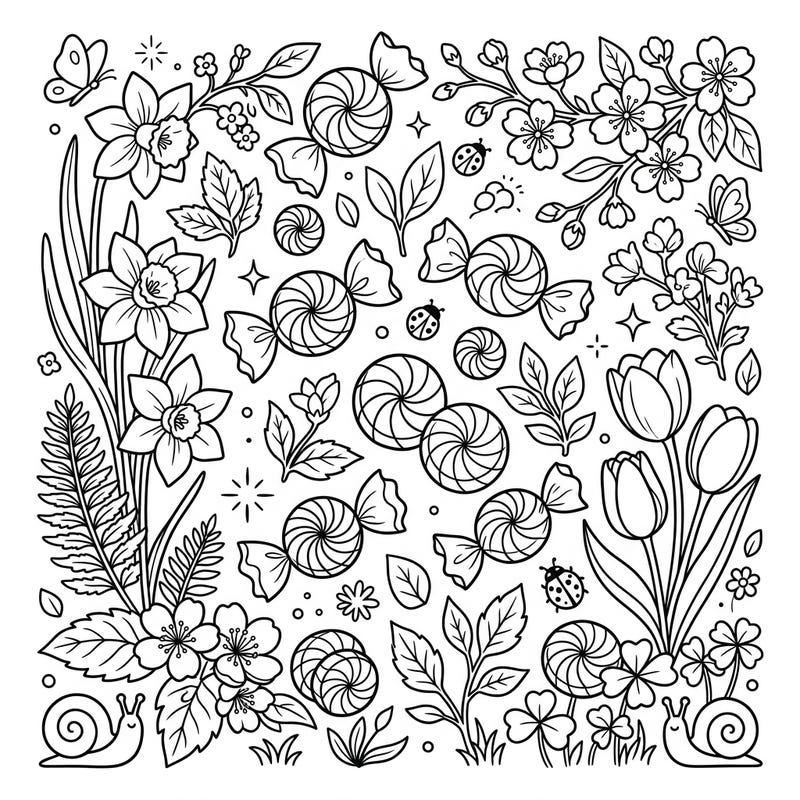 Celebrate the freshness of spring with this unique coloring page featuring refreshing mint candies amidst a vibrant floral display. This intricate design combines the joy of blooming nature with delightful sweets, perfect for a relaxing coloring session.