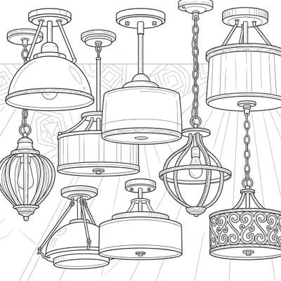 Dive into the sophisticated world of home lighting with this captivating semi-flush mount lights coloring page. Perfect for design enthusiasts, it features a variety of elegant fixtures ready for your creative touch.