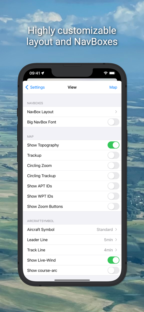iGlide Lite app view settings screen showing customizable layout and NavBox options for glider pilots.