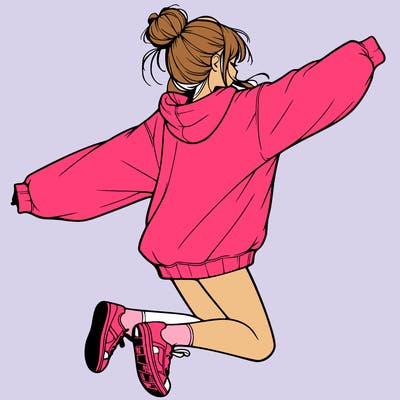 realistic girl jumping with a bun and oversized sweatshirt