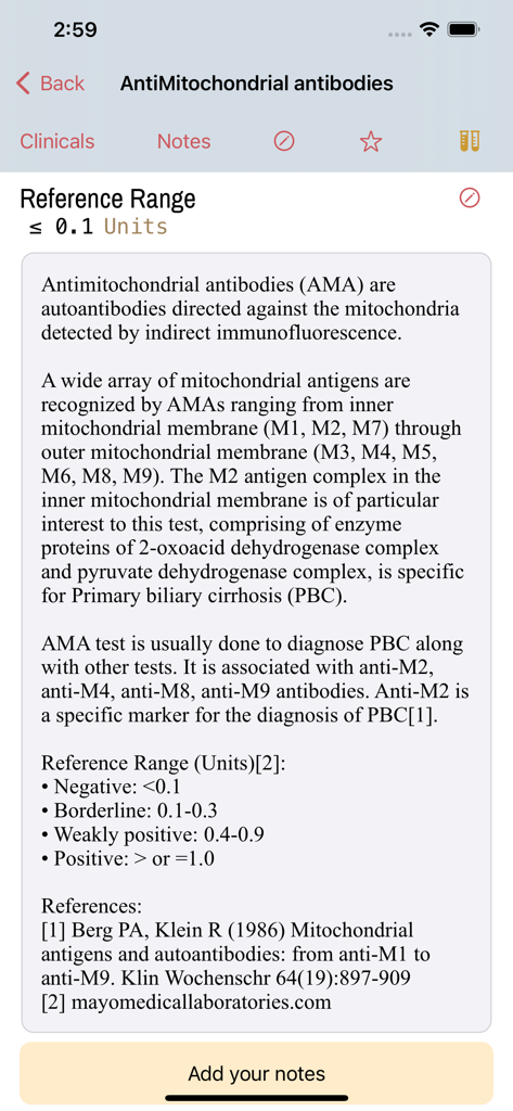 LabGear – Medical Lab Tests - Vue détaillée des informations et des valeurs de référence des tests de laboratoire sur les anticorps antimitochondriaux dans l'application médicale LabGear