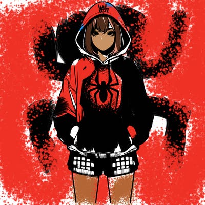 realistic girl with baggy spider hoodie and shorts