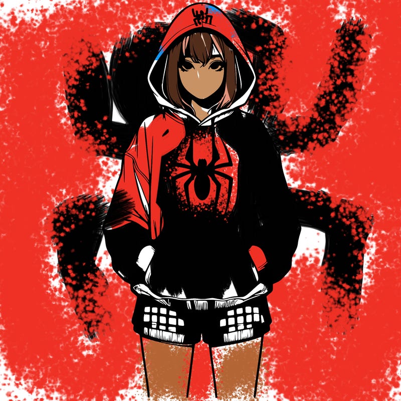 realistic girl with baggy spider hoodie and shorts