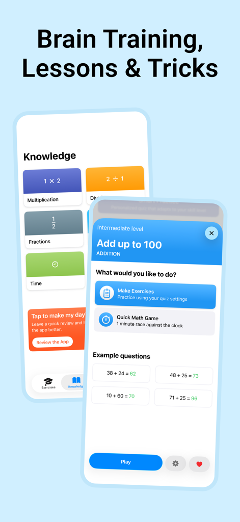 Interfaccia di un'app mobile che mostra categorie di calcolo mentale come moltiplicazione e frazioni insieme a una schermata di pratica intermedia di addizione