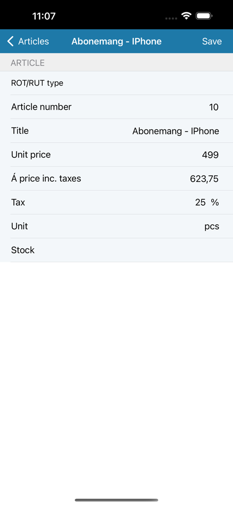 Interfaz de la aplicación móvil que muestra los detalles del artículo para una factura, incluido el precio unitario y la información fiscal.