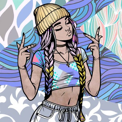 realistic teenage girl with braids and a beanie and crop top doing 🫶🏼