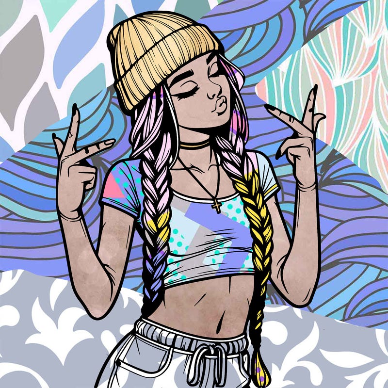 realistic teenage girl with braids and a beanie and crop top doing 🫶🏼