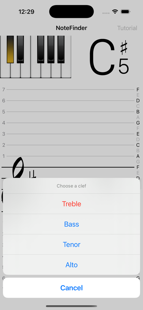 NoteFinder (for Sheet Music) - The NoteFinder app interface showing a popup menu to choose between Treble Bass Tenor and Alto clefs.