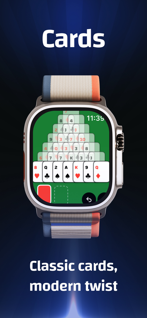 Apple Watch画面で表示されているソリティアゲーム、カードとラベル付けされている