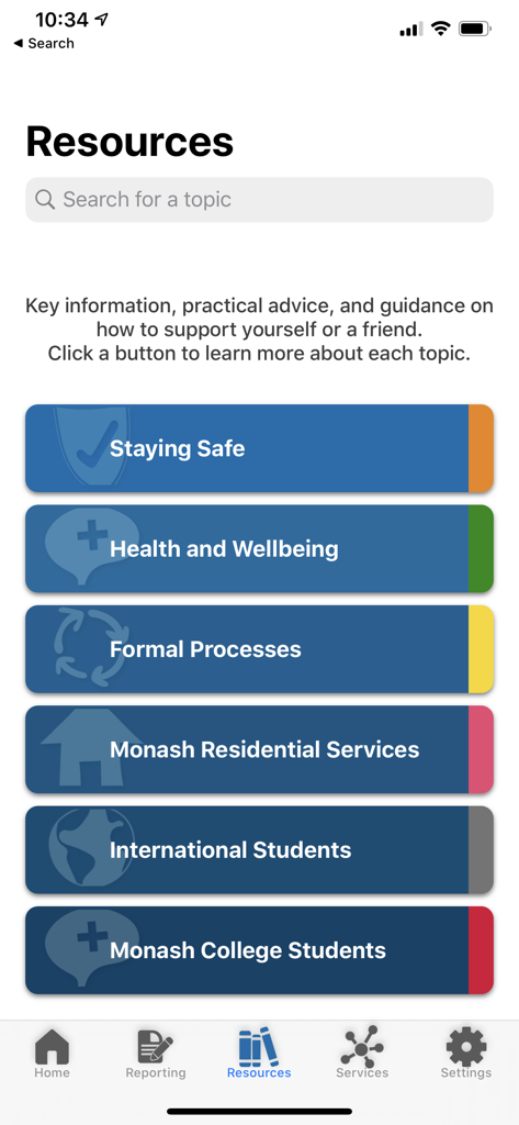 Monash bSafe - Menú de recursos de la aplicación Monash bSafe que muestra categorías para mantenerse seguro, salud y bienestar, y servicios estudiantiles.