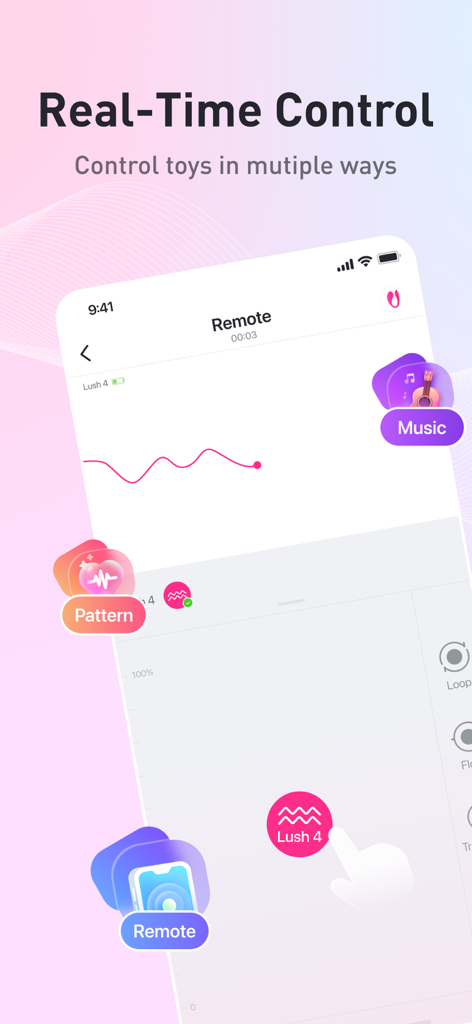 Lovense Remote - Benutzeroberfläche der Lovense Remote App zur Echtzeitsteuerung von Geräten mit Vibrationsmustern und Musiksynchronisierungsoptionen