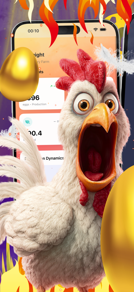 Egglytics - 스마트폰 앞에 만화 닭 마스코트가 가금류 농장 데이터와 황금 달걀을 보여주고 있습니다