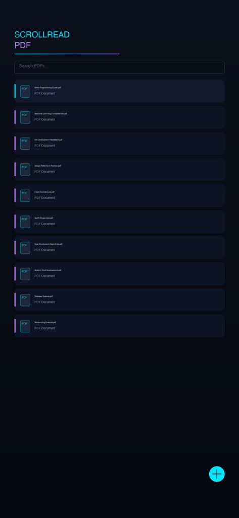 AutoScrollingReader - The library screen of ScrollRead PDF showing a list of documents and a search bar