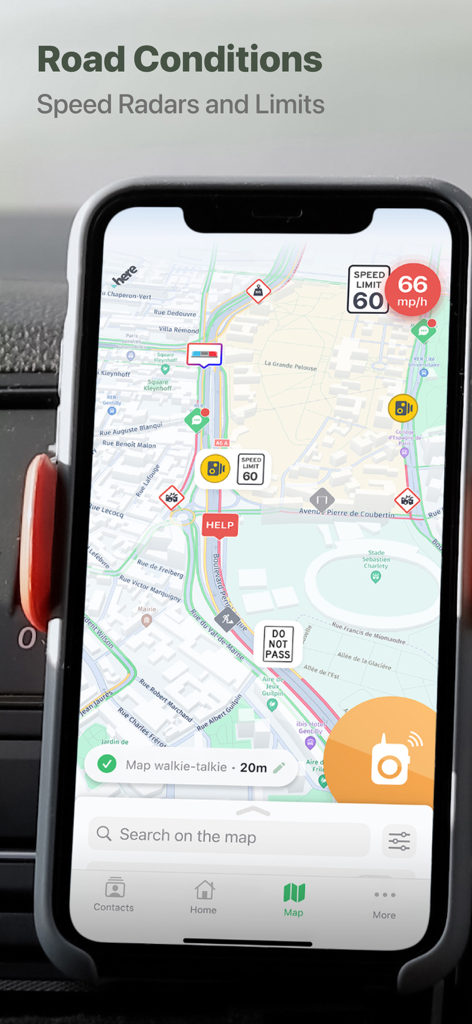 Roolz Navigation for Truckers - Roolz LKW-Navigations-App zeigt eine Karte mit Blitzerwarnungen und Straßenbedingungen an.