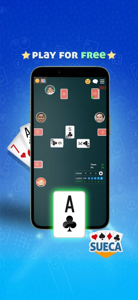 Mobile phone displaying a multiplayer session of the traditional Sueca card game