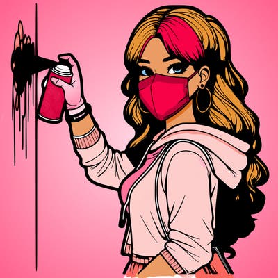 realistic girl with mask spray painting a wall