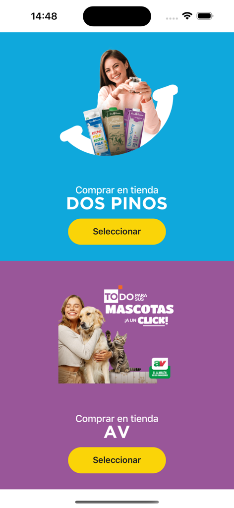 Dos Pinos APP - Interfaz de la app Dos Pinos mostrando opciones para comprar productos lácteos o suministros para mascotas en Almacenes AV
