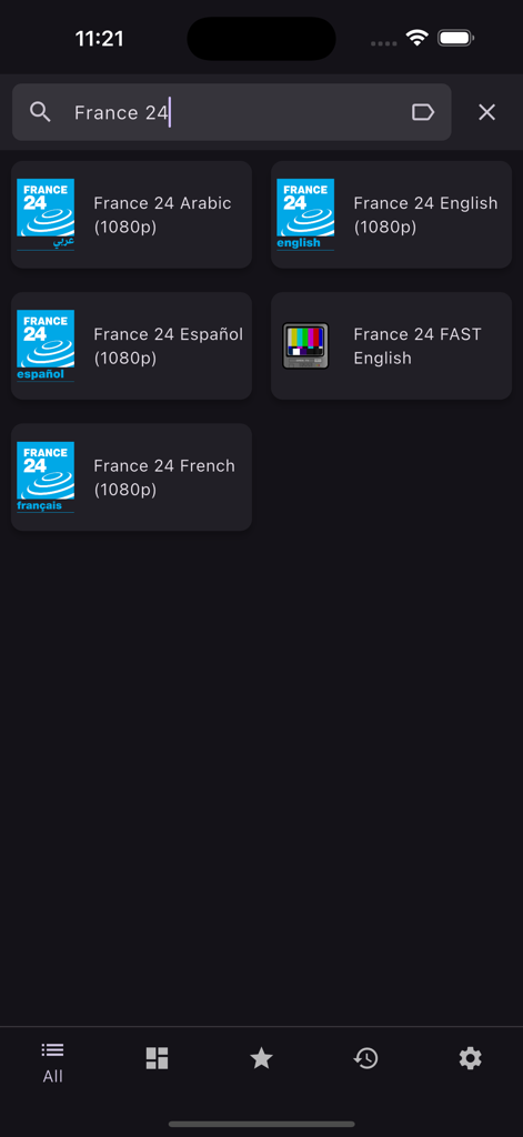 Search results for France 24 international channels in the Fred TV IPTV app interface