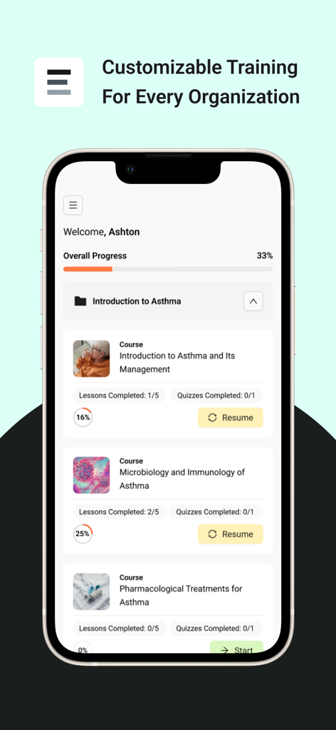 Ethos Systems - Interfaz de la aplicación móvil Ethos Systems que muestra un panel con cursos de entrenamiento y seguimiento del progreso.