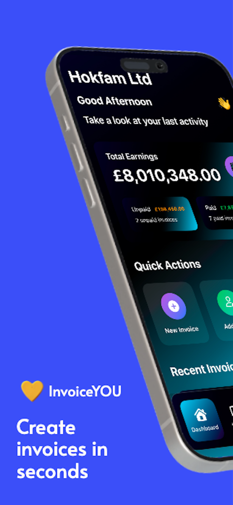 A mobile smartphone displaying the Daily Invoice Generator dashboard with total earnings and a quick action button to create a new invoice