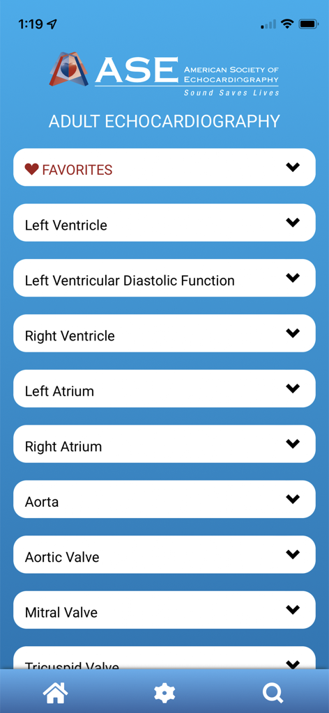 EchoGuide by ASE - Main menu of the EchoGuide by ASE app showing clinical categories for adult echocardiography