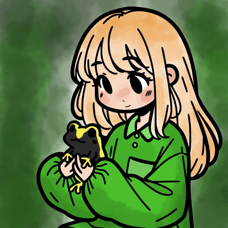 girl with long hair and a oversized shirt. and she is holding a frog