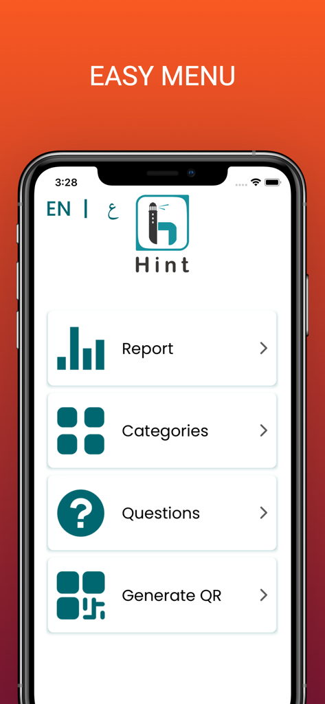 Hint App - Partner - Panel de la aplicación Hint Partner que muestra opciones de generación de informes y códigos QR