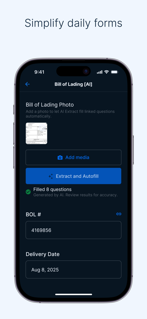 Samsara Driver app interface showing AI powered Bill of Lading form extraction and autofill feature